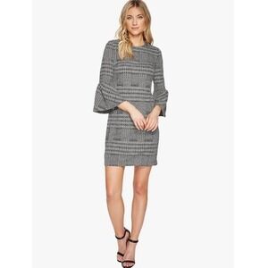 Calvin Klein Black White Tweed Bell Sleeve Sheath Dress‎ Gold Zip Size 2